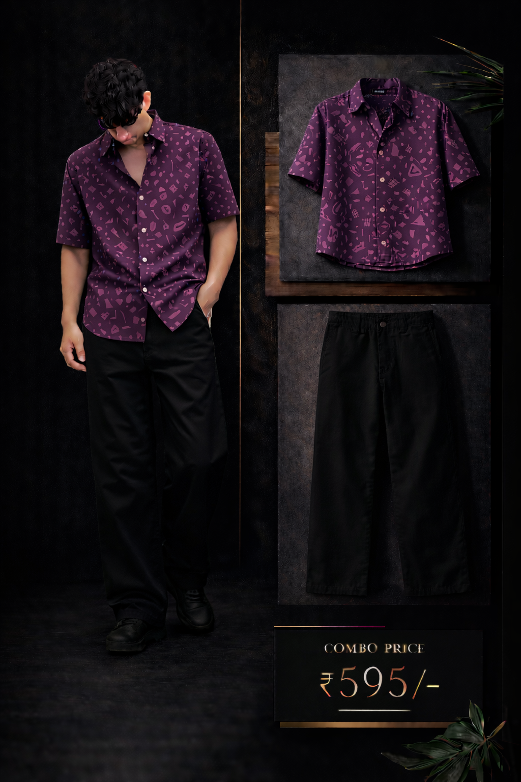 Men’s Premium Purple Printed Shirt with Black Trouser Combo Set | Stylish Casual Outfit for Men | Regular Fit