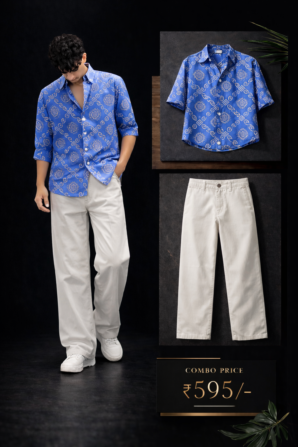 Men’s Premium Blue Printed Shirt with Off White Trouser Combo Set | Stylish Casual Outfit for Men | Regular Fit